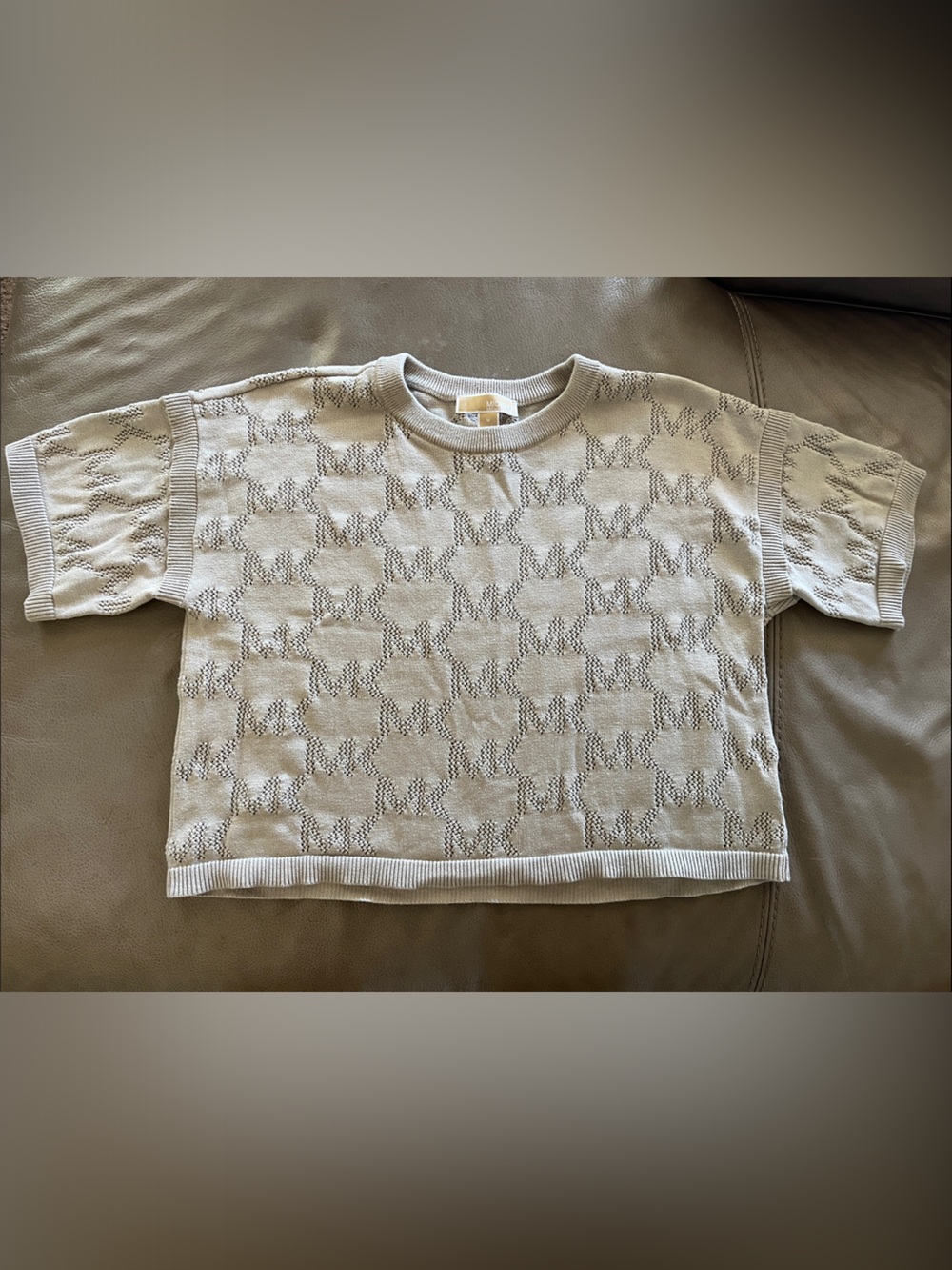 Michael Kors Beige Knit Short-Sleeve Logo Sweater Top